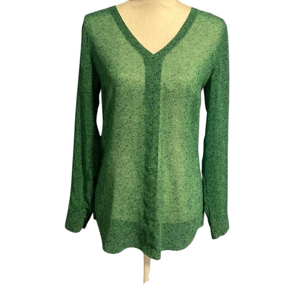 CAbi Floral Chic Sheer V-Neck Long Sleeve Tunic Blouse Green Navy Blue Size XS